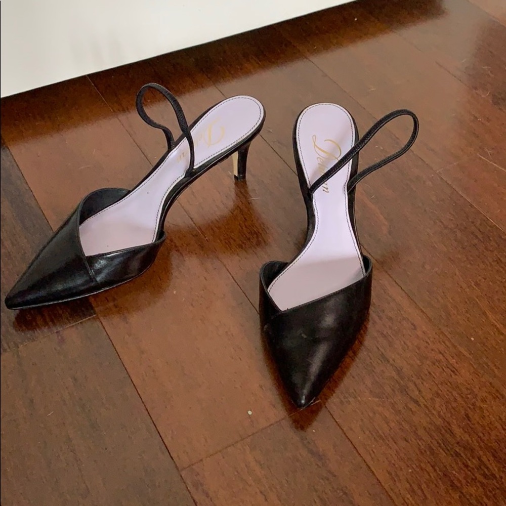 Delman Black Leather Kitten Heel Slingbacks